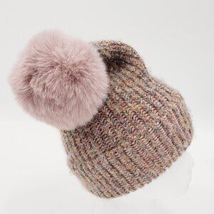 Norla Canada Wool Blend Hat Women's Pink Multicolor Ribbed Knit Faux Fur Pompom
